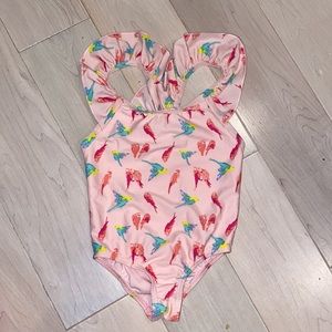 EGG by Susan Lazer girls pink parrots ruffle swimsuit